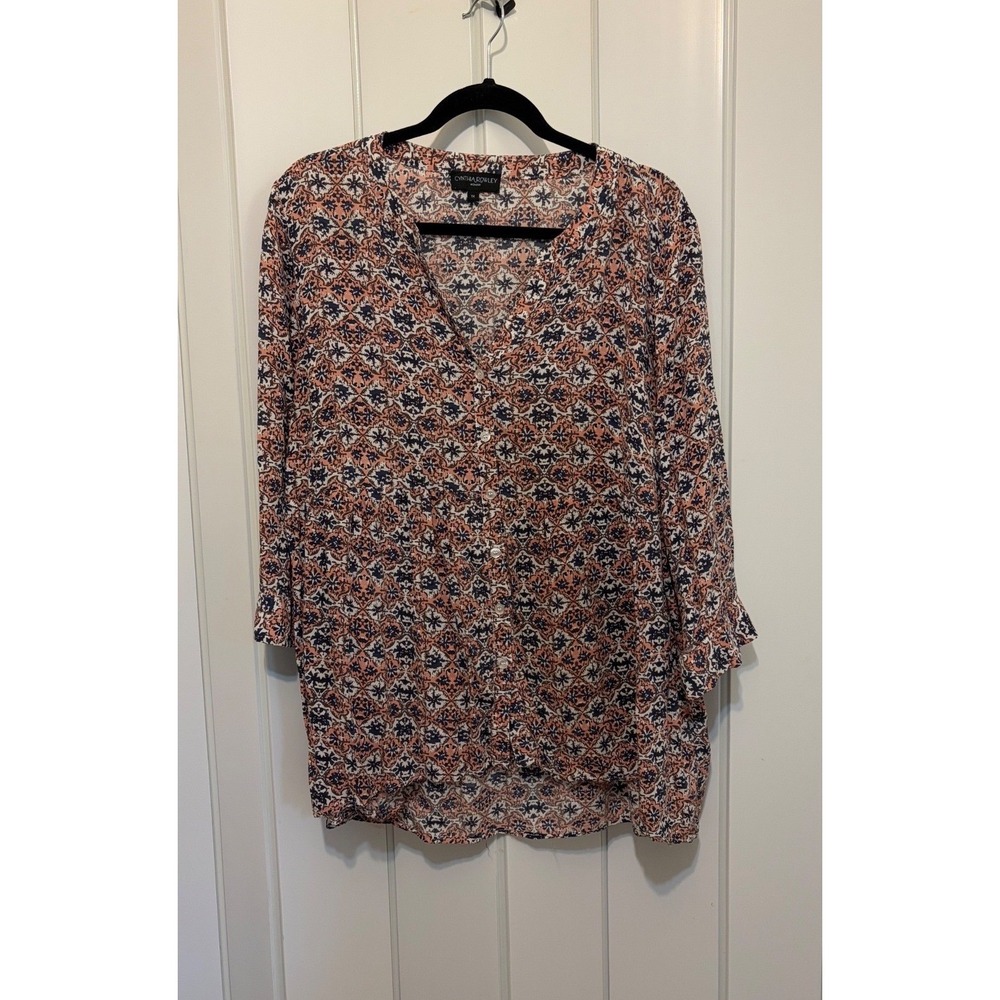 Cynthia Rowley Woman Medallion Print Button Up V-Neck Blouse